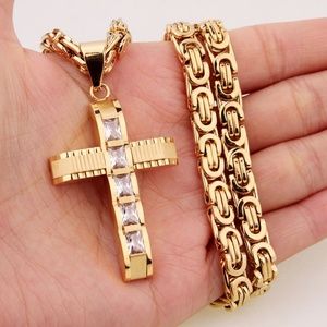 Stainless Steel Cross CZ Men's Necklace 22"